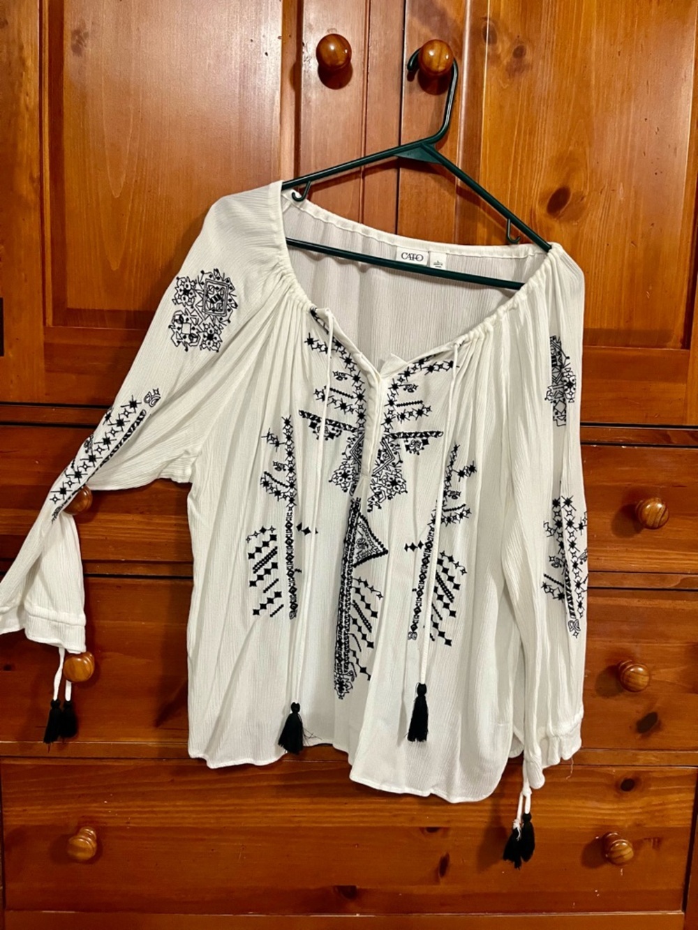 Boho Embroidered Peasant Top with Tassel Ties - Large